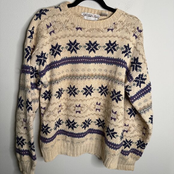 Northern Isles Women's Large Cream Blue Chunky Knit Crewneck Pullover Sweater - Picture 1 of 4
